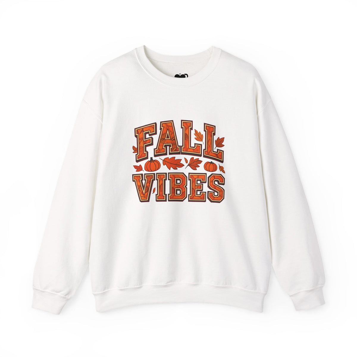 White sweatshirt with 'Fall Vibes' text and autumn-themed graphics on a white background