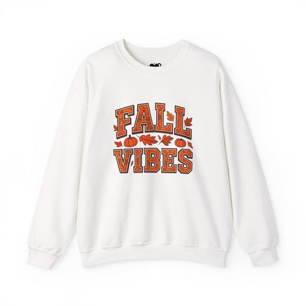 White sweatshirt with 'Fall Vibes' text and autumn-themed graphics on a white background