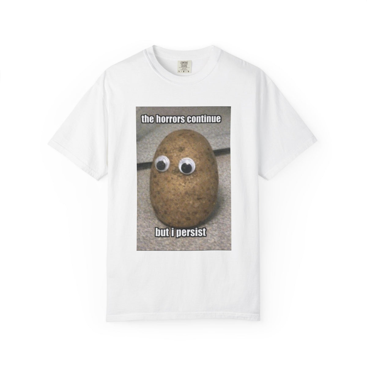 White t-shirt with a potato graphic and text on a white background