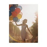 whimsical photography poster of a young woman holding colorful balloons in a field with a warm glow
