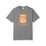Gray t-shirt with a bear and honey design on a white background