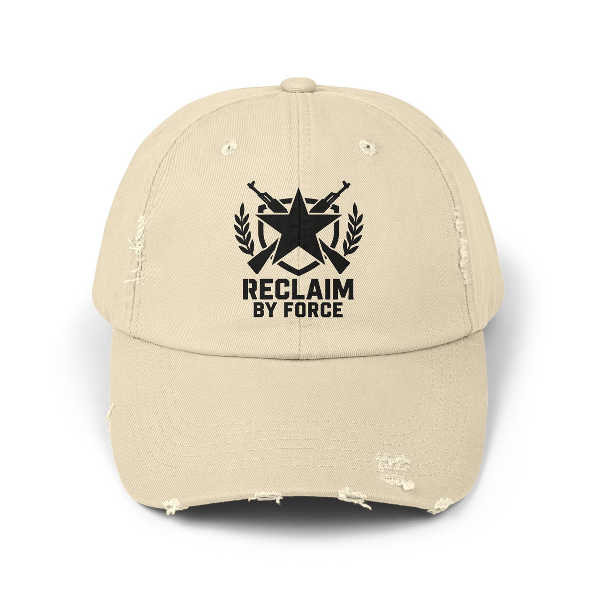 Beige cap with black "reclaim by force" logo and text on a white background