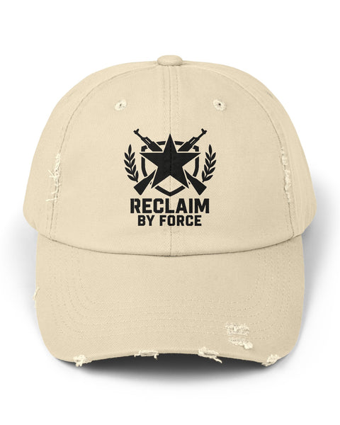 Beige cap with black "reclaim by force" logo and text on a white background