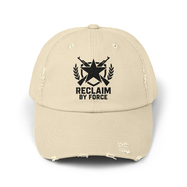 Beige cap with black "reclaim by force" logo and text on a white background