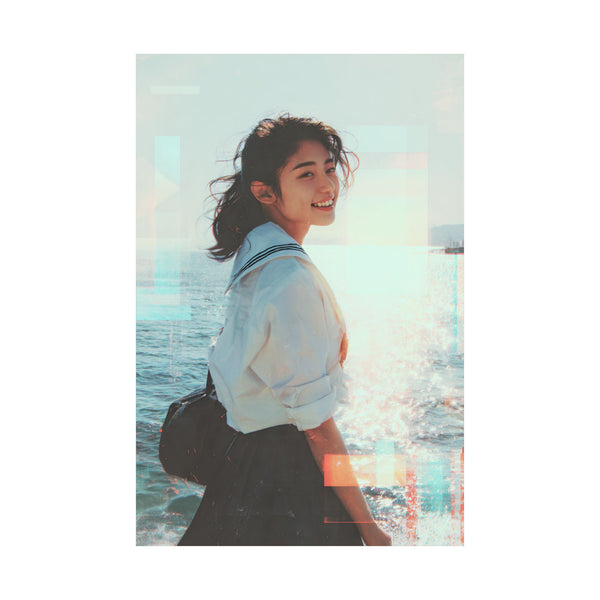 poster of a japanese schoolgirl smiling with a sparkling sea background