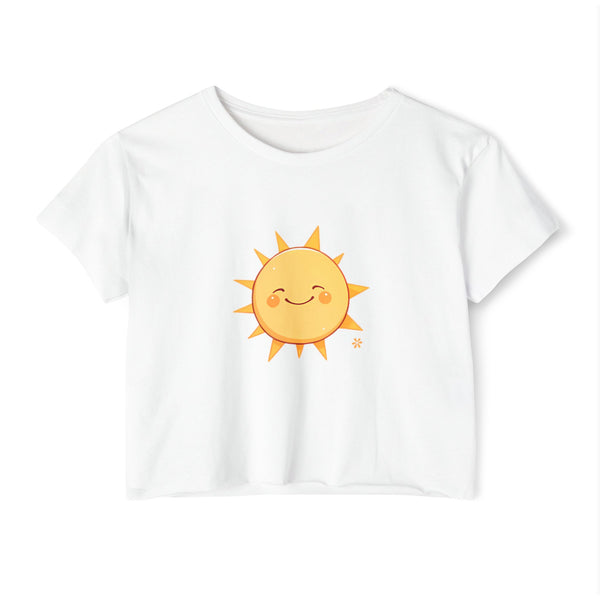 White t-shirt with a smiling sun graphic on a white background