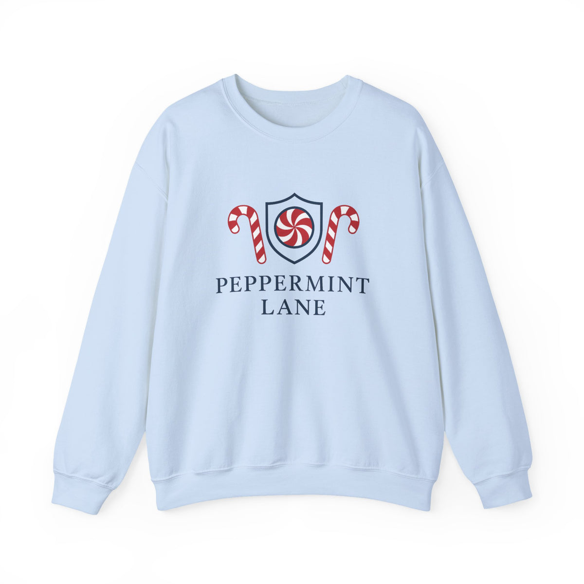 Light blue sweatshirt with 'Peppermint Lane' design on a white background