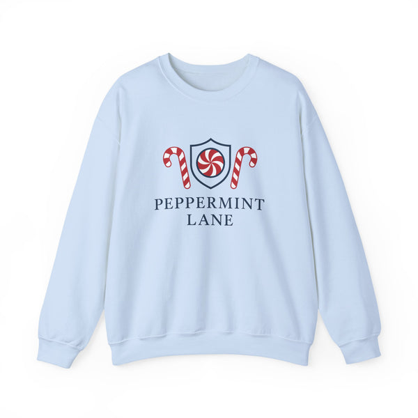Light blue sweatshirt with 'Peppermint Lane' design on a white background
