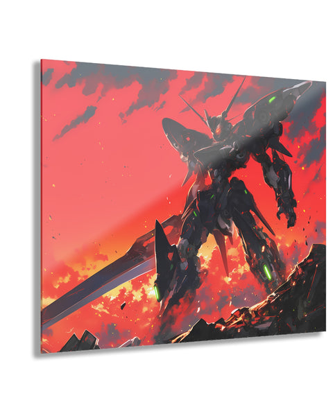 A vibrant acrylic glass wall art featuring a mecha anime design with a red and black color scheme, depicting a large robot over remains of a city.