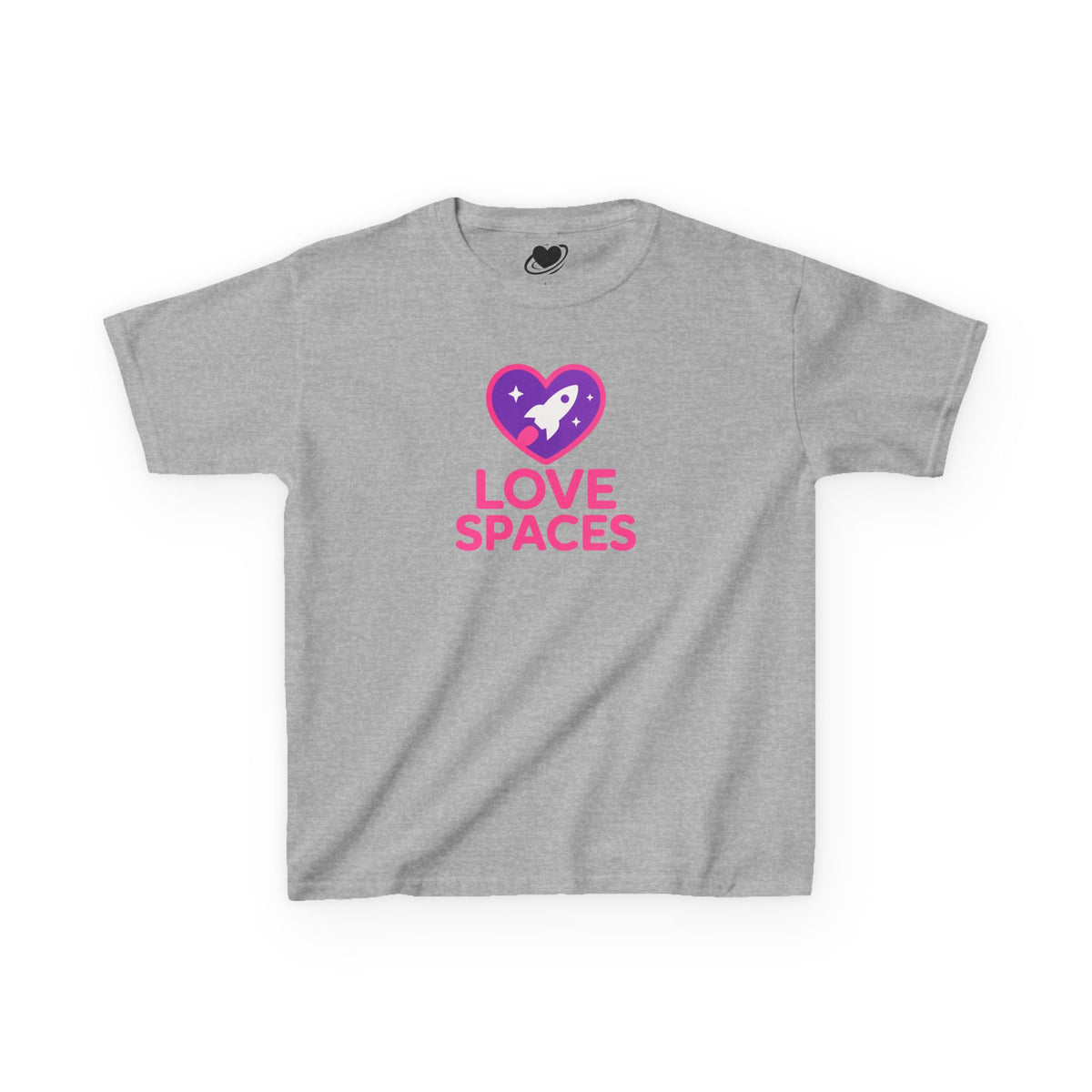 Gray t-shirt with 'Love Spaces' logo featuring a heart and rocket on a white background