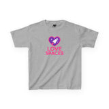 Gray t-shirt with 'Love Spaces' logo featuring a heart and rocket on a white background