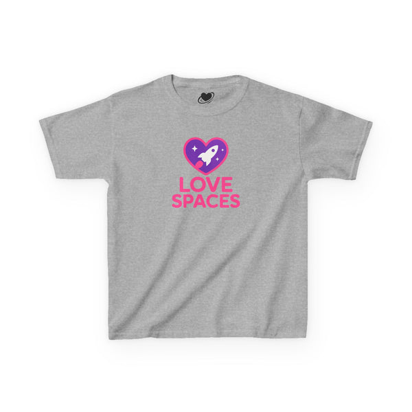 Gray t-shirt with 'Love Spaces' logo featuring a heart and rocket on a white background