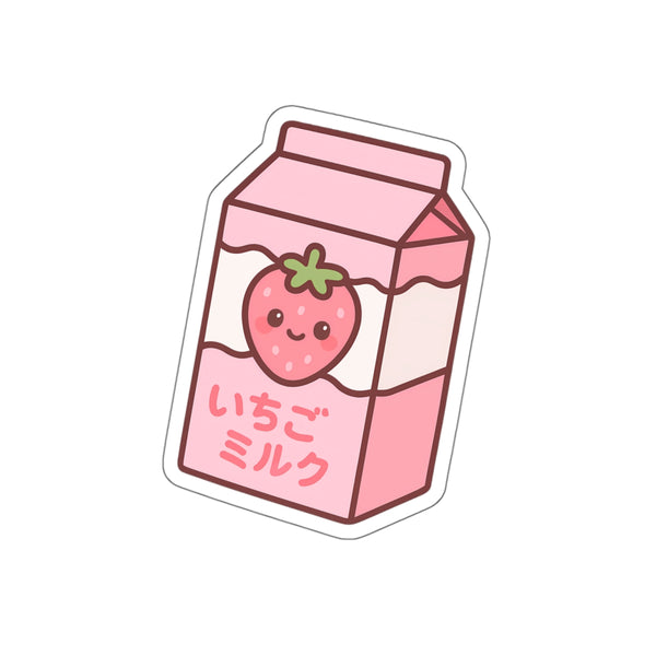 Anime-style strawberry milk carton sticker with a cute strawberry on a white background
