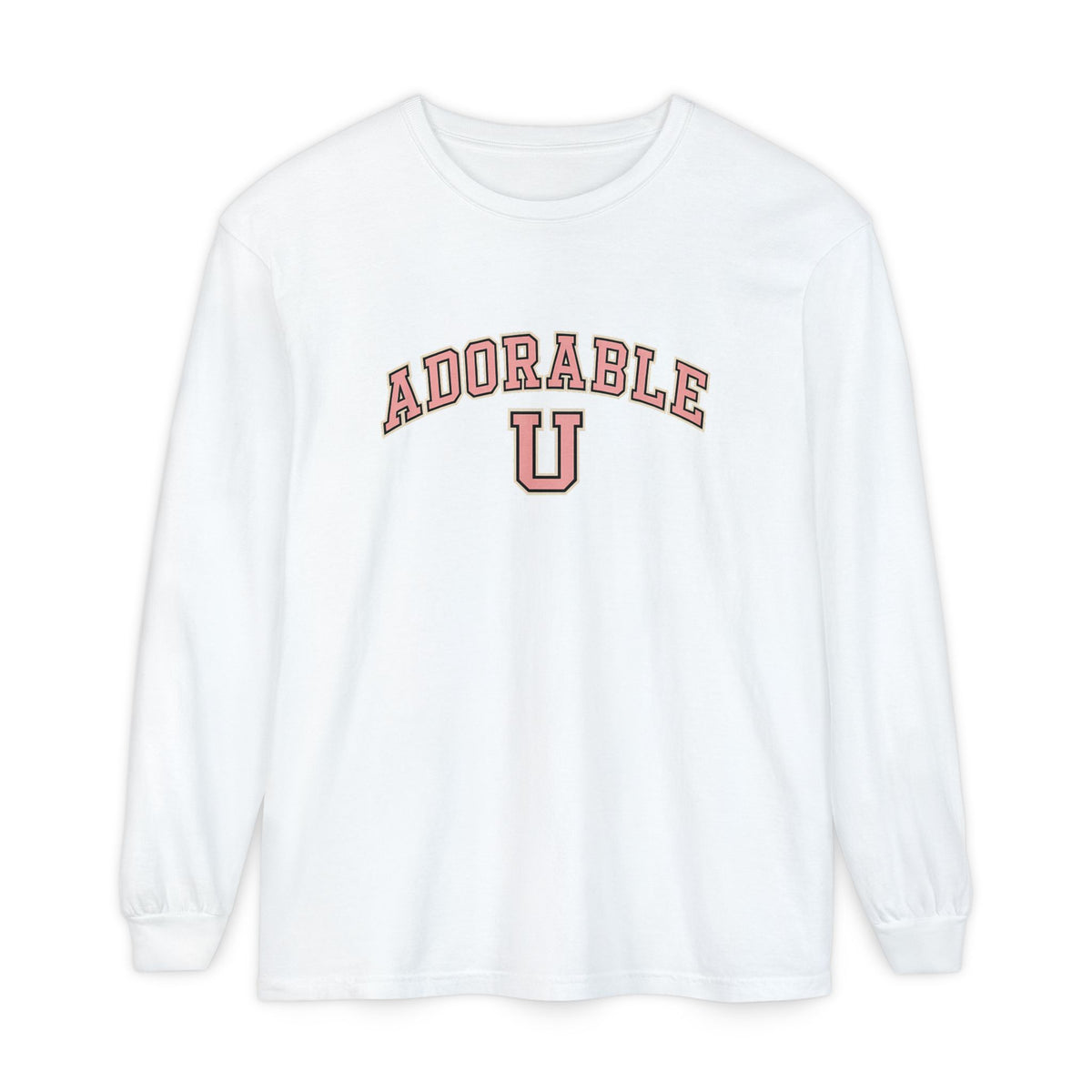 White sweatshirt with 'ADORABLE U' text on a white background