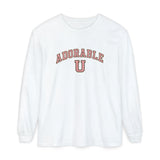 White sweatshirt with 'ADORABLE U' text on a white background