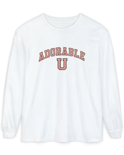 White sweatshirt with 'ADORABLE U' text on a white background