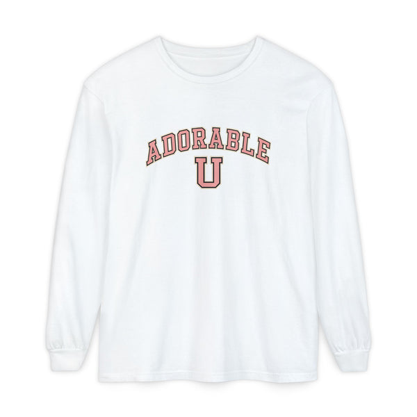 White sweatshirt with 'ADORABLE U' text on a white background
