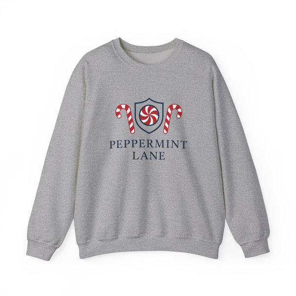 Gray sweatshirt with 'Peppermint Lane' design on a white background