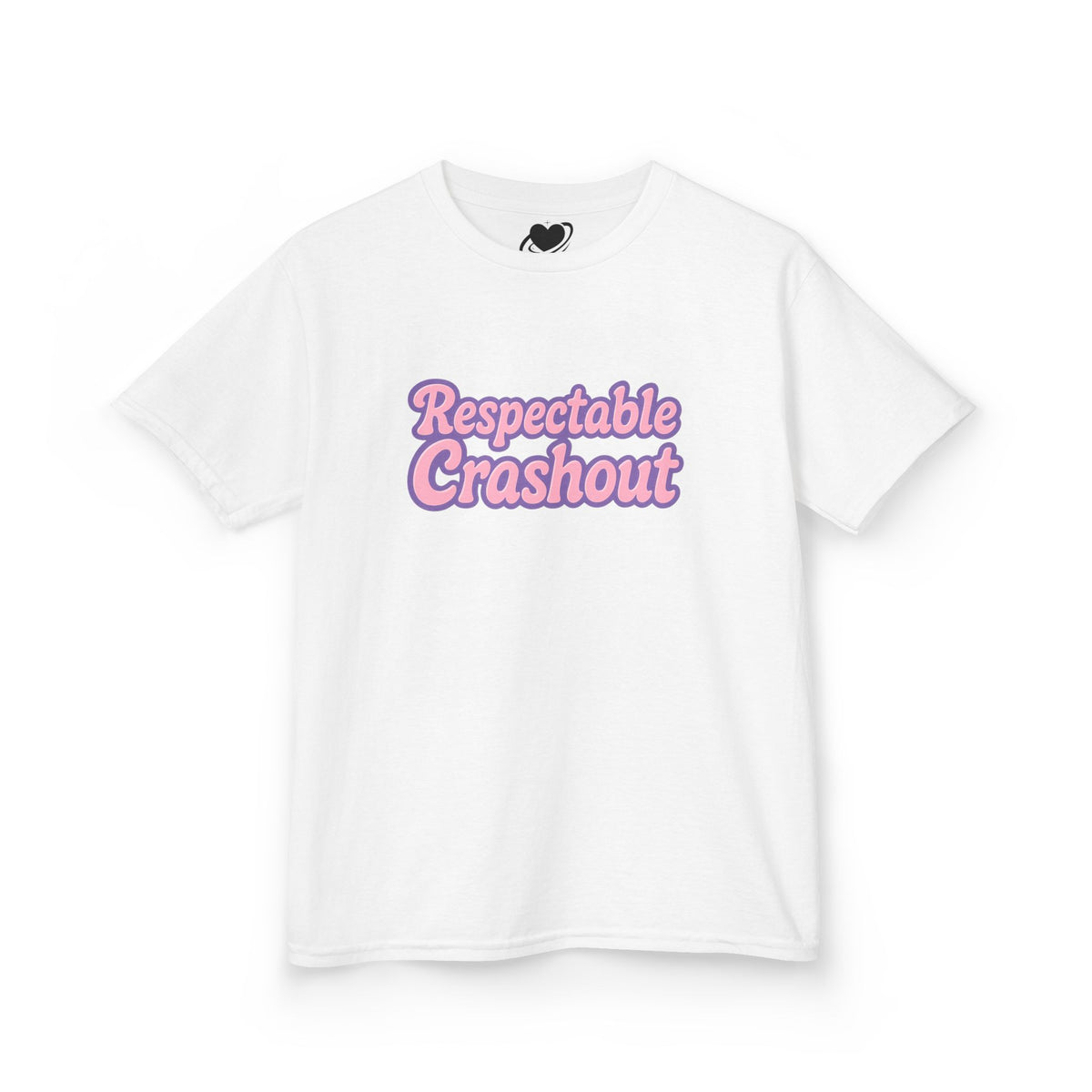 White t-shirt with pink text 'Respectable Crashout' on a white background