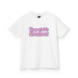 White t-shirt with pink text 'Respectable Crashout' on a white background