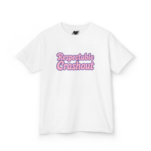 White t-shirt with pink text 'Respectable Crashout' on a white background