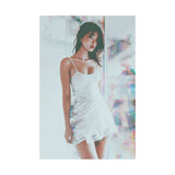 Asian woman wearing a white slip dress with a colorful abstract glitched background