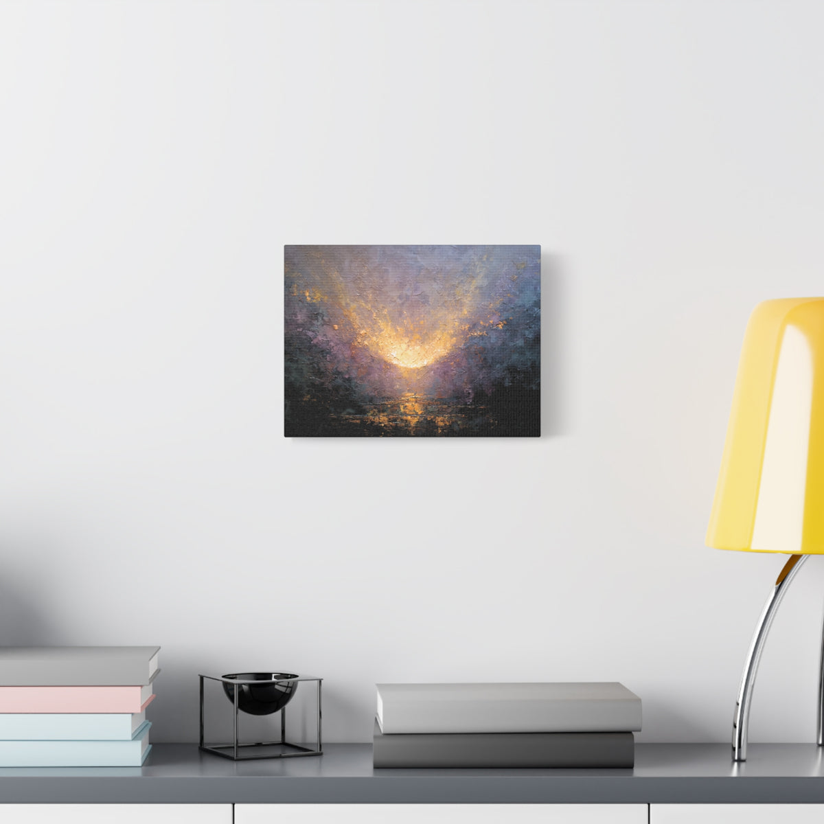 Canvas print of Angelic Visitation - Abstract Textured Wall Art painting with a bright light source and dark background, on a wall