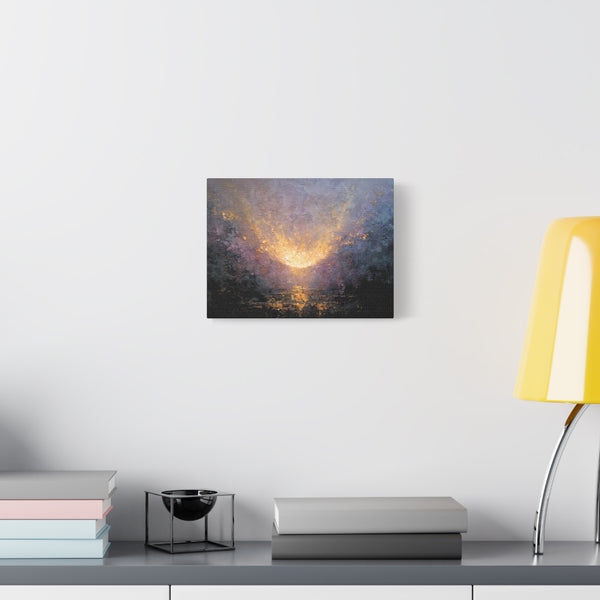 Canvas print of Angelic Visitation - Abstract Textured Wall Art painting with a bright light source and dark background, on a wall