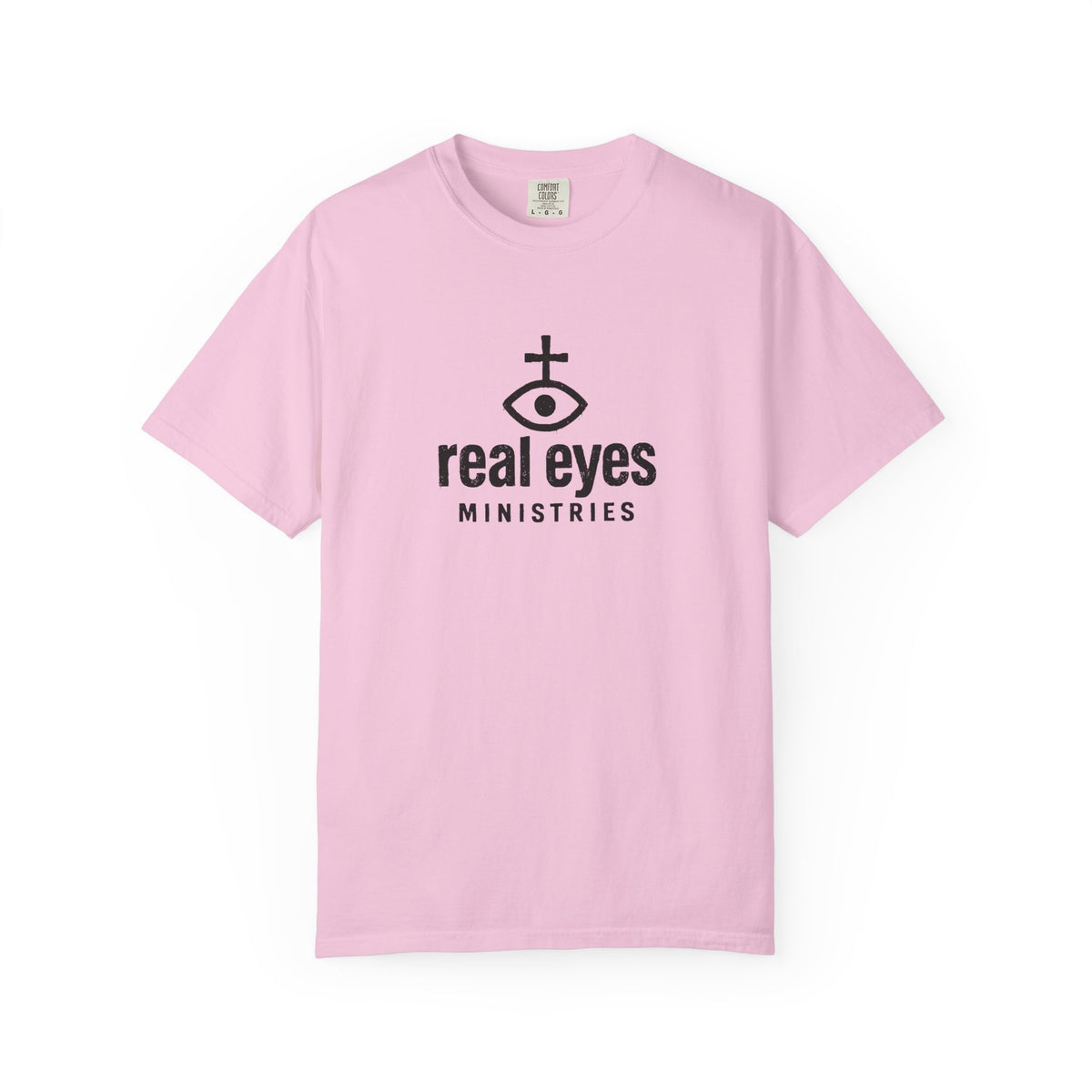 Pink t-shirt with 'real eyes ministries' logo on a white background