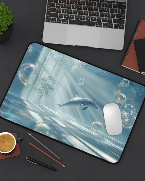 Desk setup with a dolphin-themed desk mat, laptop, and office supplies on a dark surface.
