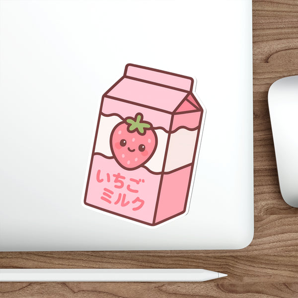 Anime-style strawberry milk carton sticker with a cute strawberry on a white background on laptop