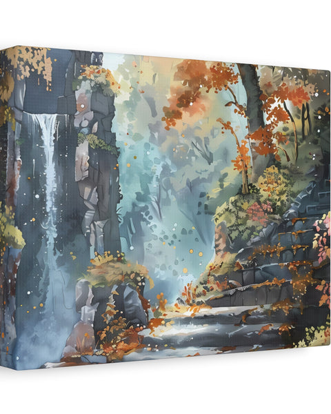 An anime fantasy canvas print featuring a mountainous landscape with autumn colors and a rugged path.