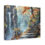 An anime fantasy canvas print featuring a mountainous landscape with autumn colors and a rugged path.
