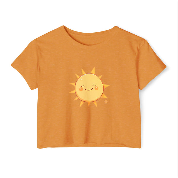 Orange t-shirt with a smiling sun design on a white background