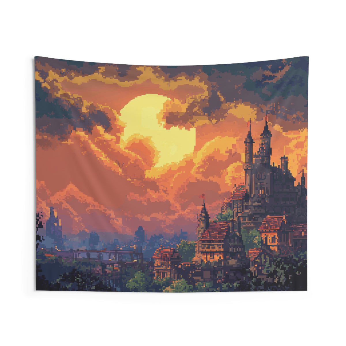 Monolith City - Anime Pixel Art Sunset Tapestry