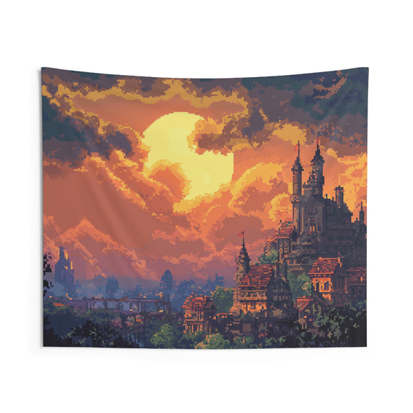 Monolith City - Anime Pixel Art Sunset Tapestry