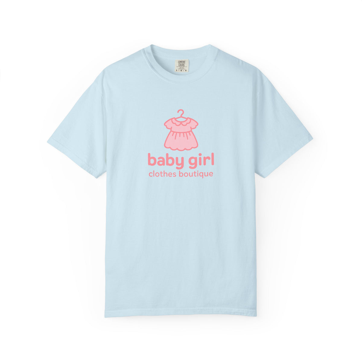 Light blue t-shirt with pink dress graphic and 'baby girl clothes boutique' text on a white background