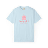 Light blue t-shirt with pink dress graphic and 'baby girl clothes boutique' text on a white background