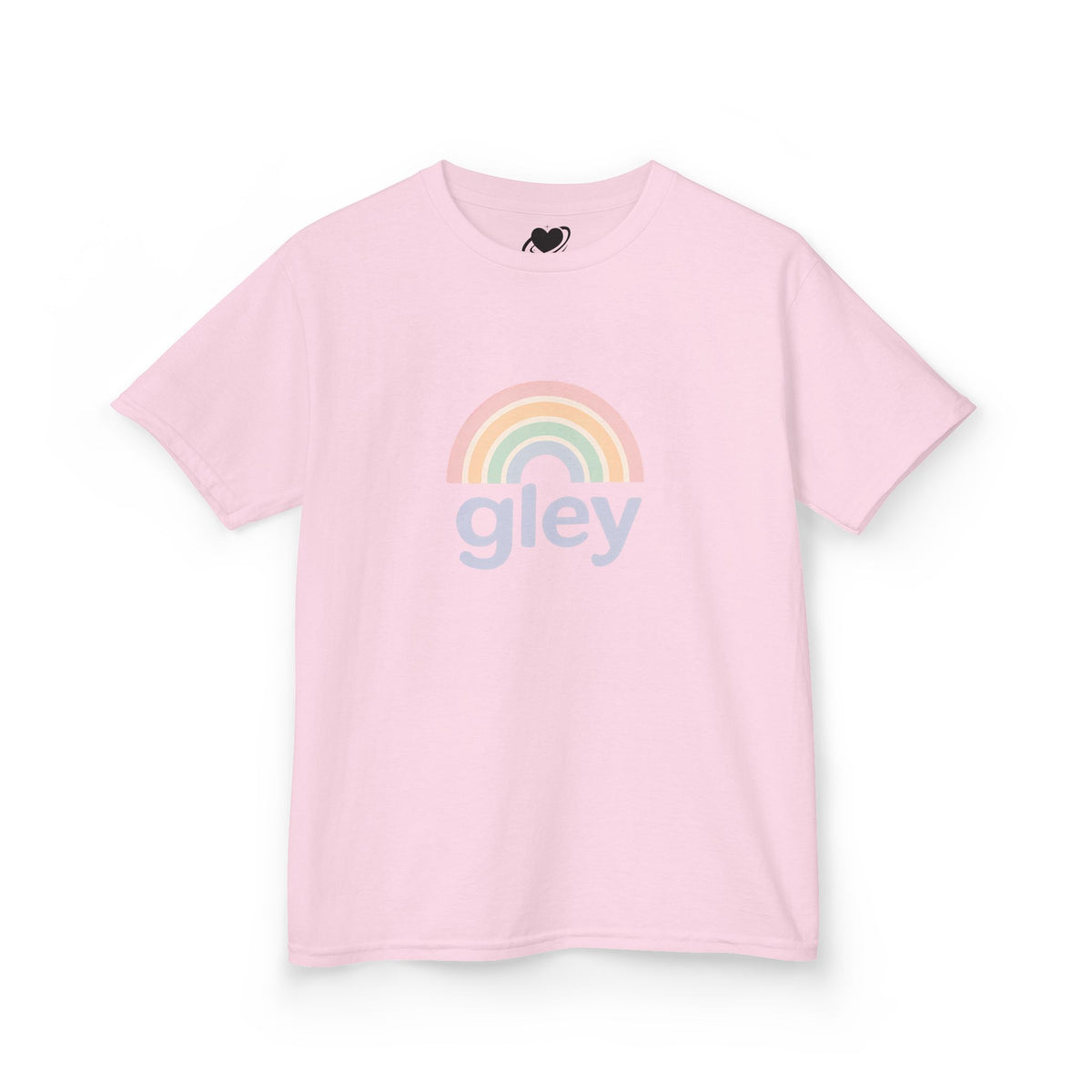 Pink t-shirt with a rainbow and 'gley' text on a white background