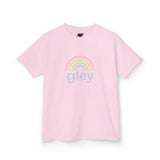 Pink t-shirt with a rainbow and 'gley' text on a white background