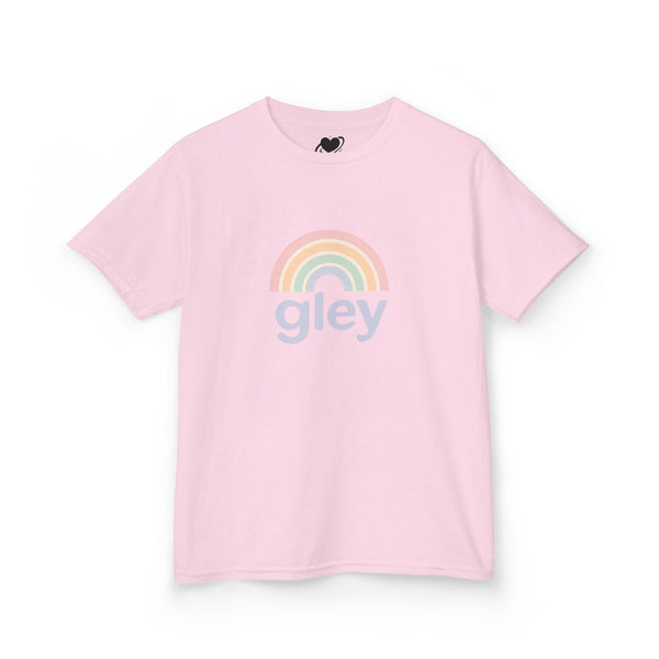 Pink t-shirt with a rainbow and 'gley' text on a white background