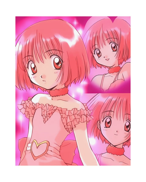 Anime poster featuring a character with pink hair and a pink dress, with additional images in a collage style against a pink background.