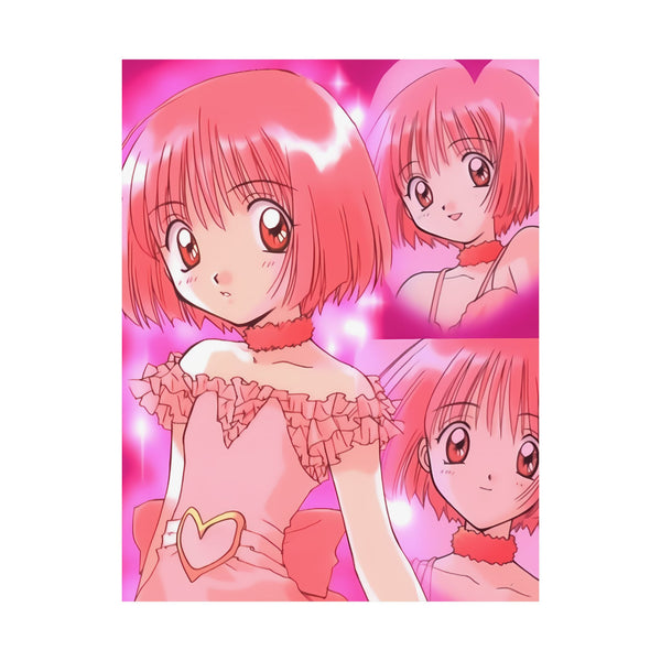 Anime poster featuring a character with pink hair and a pink dress, with additional images in a collage style against a pink background.