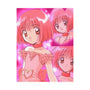 Anime poster featuring a character with pink hair and a pink dress, with additional images in a collage style against a pink background.