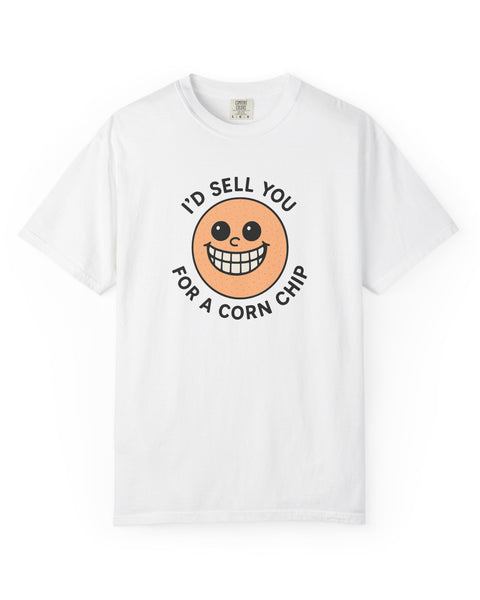 White t-shirt with a 'i'd sell you for a corn chip' graphic design and text on a white background