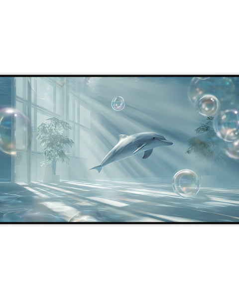 Desk mat featuring a dolphin swimming in a futuristic indoor setting with light beams and bubbles