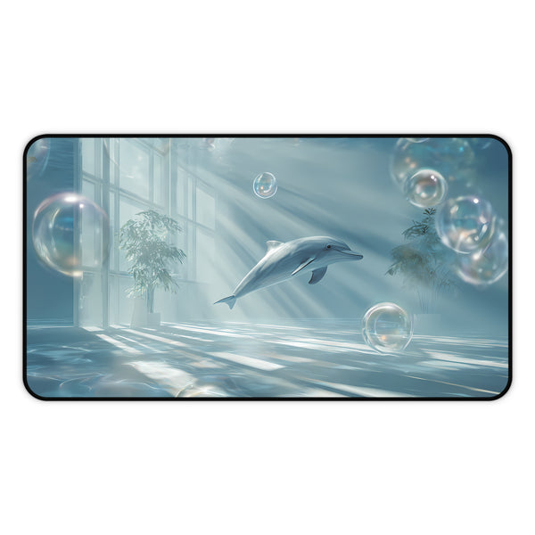 Desk mat featuring a dolphin swimming in a futuristic indoor setting with light beams and bubbles