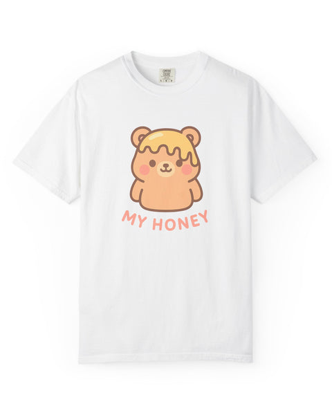 White t-shirt with a cartoon bear in honey design and 'MY HONEY' text on a white background