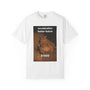 White t-shirt with a graphic of a lounging cat holding a beer and text that reads "acceleration better future $1000"