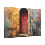 Canvas print of Old Entrance - Abstract Textured Wall Art, a red door in an arched stone archway with textured walls, angled view